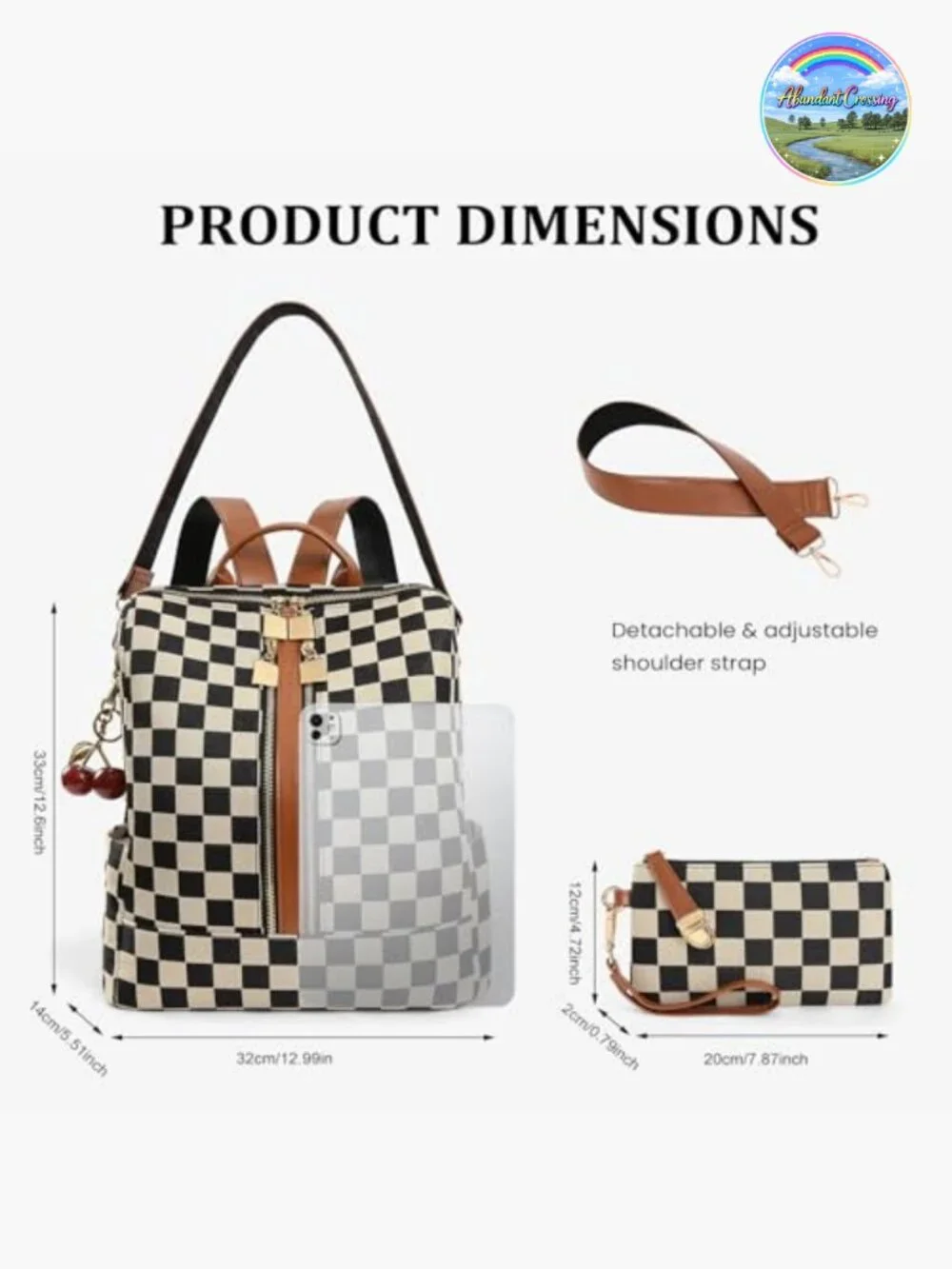 Small Checkered Backpack Purse for Women Canvas PU Leather Travel Daypack